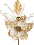 Briful 2PCS Christmas Glitter Magnolia Flowers Picks and Spray with Christmas Balls Ornament Berries Gold Leaves Branches for Xmas Tree Wreath Vase Centerpiece Floral Arrangement (White Gold)