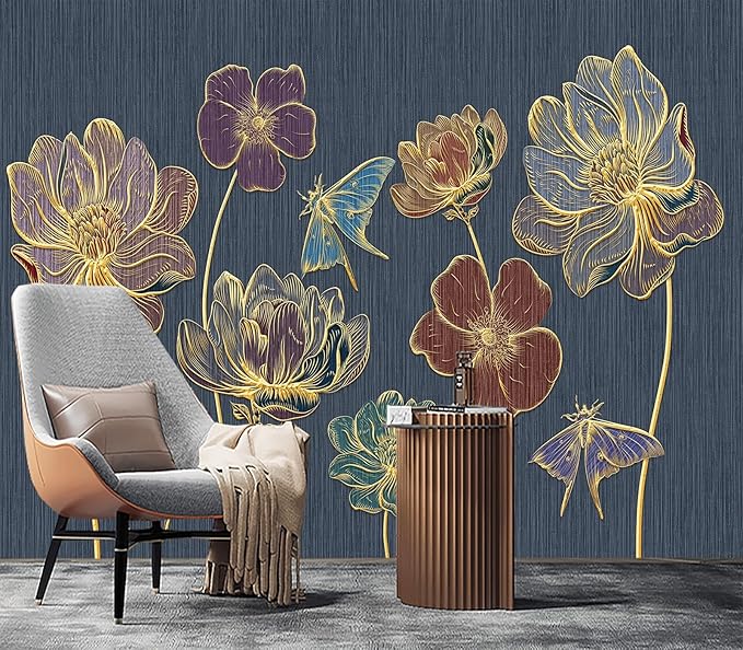 Eierme-Gold Embossed Plants and Flowers Mural Wallpaper Peel and Stick 137" x 102"