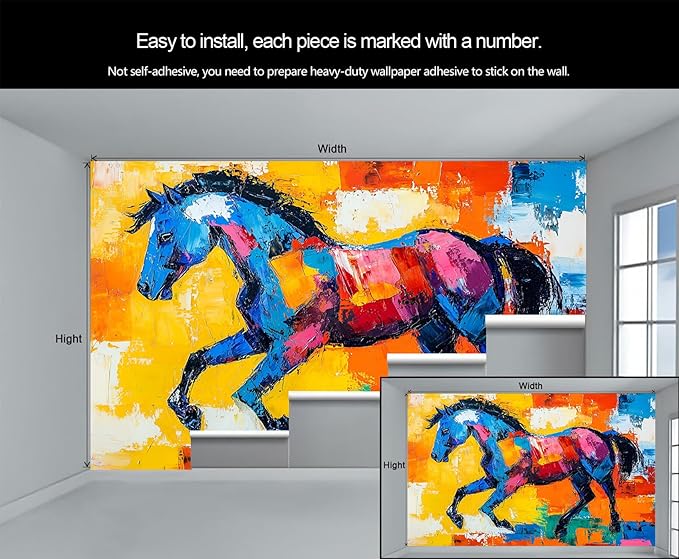 Abstract Horse Wall Mural, Colorful Horse Art 3D Wall Murals, Bold Abstract Animal Wallpaper Mural, for Living Room Bedroom Large Wallpaper Indoor Decor 169.3" W x118.2 H