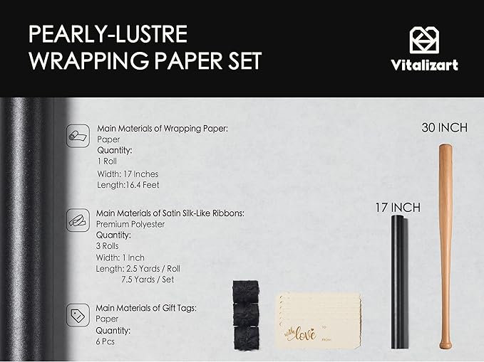 Vitalizart Black Wrapping Paper Set 17" Pearly-Lustre With Silk Like Satin Ribbon & Gift Tags Recyclable Christmas Gift Wrapping Birthday Baby Shower Wedding Handmade Crafts 197"(16.4 Ft)