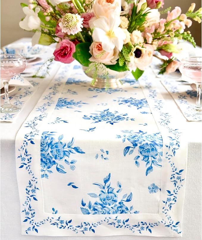 Solino Home Blue Floral Print Table Runner 36 inch - 100% Pure Linen Table Runner 14 x 36 Inch - Handcrafted and Machine Washable - Jolie Fleur Print