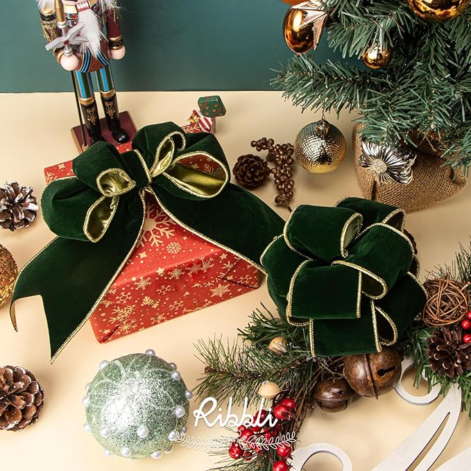 Ribbli Dark Green Velvet Wired Ribbon 2.5 Inch Luxury Matte Velvet Christmas Ribbon for Gift Wrapping Christmas Tree Decoration Crafts Wreaths Supplies - 10 Yards