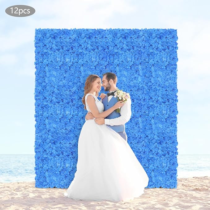 12Pcs Artificial Flower Wall Panel, 3D 15" X 15" Silk Rose Mat Artificial Flower Walls,Decorative Backdrop Flower Panels Wall for Wedding Party Stage Baby Shower Decor (Blue)