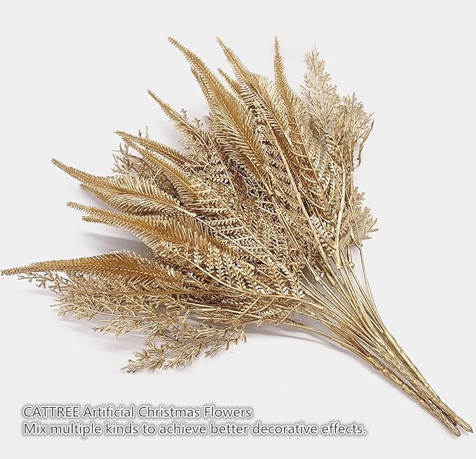 CATTREE Christmas Artificial Plants, Plastic Golden Grass Faux Shrubs Fake Leaves Simulation Setaria Bushes for Home Indoor Outdoor Wedding Hall Table Planter Filler DIY Cut Decorations - Gold 3 Pack