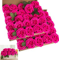 Artificial Flower Foam Hot Pink Rose 50pcs Real Looking Fake Rose with Stems Leaves for Home Decoration Party Garden Centerpieces DIY Wedding Bouquets（Hot Pink）