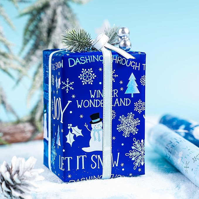 WRAPAHOLIC Christmas Wrapping Paper Roll - Mini Roll - 3 Rolls - 17 Inch x 120 Inch Per Roll - Blue and White Winter Wondland, Snowflake, Snowman Holiday Collection with Metallic Foil Shine