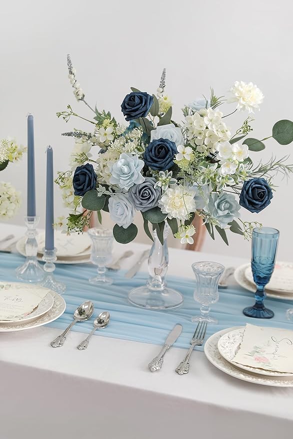 Blue Artificial Flowers Combo Box Set Gradient Color Flower Leaf with Stems for DIY Wedding Bouquets Centerpieces Baby Shower Party Home Decorations