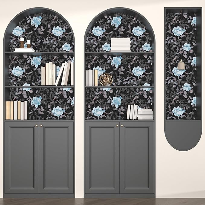 Black Blue Floral Peel and Stick Wallpaper Flowers Contact Paper 17.5"x118" Self Adhesive Waterproof Vintage Dark Floral Wall Paper for Shelf Liner Cabinet Decor