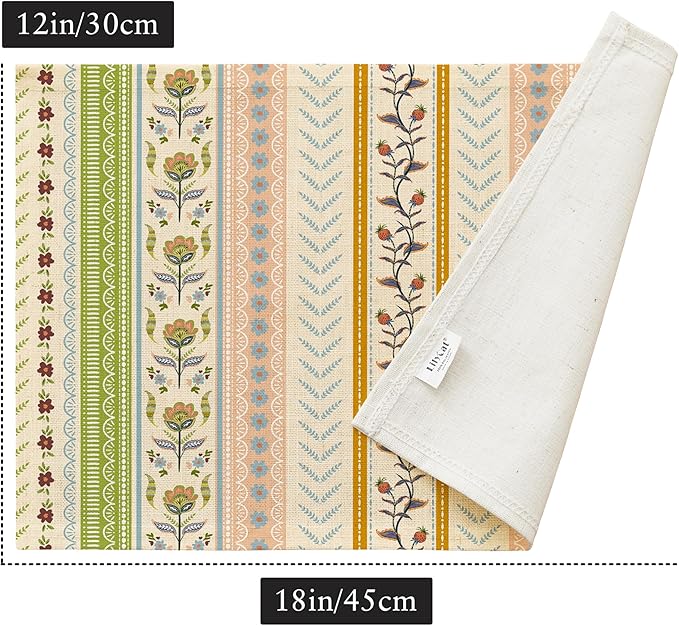 LilyCat Linen Fabric Multicolor Floral Placemats, Stripes Durable Boho Dining Table Mats for Kitchen, Rustic Vintage Washable Place Mats Set of 6, 18’’× 12’’