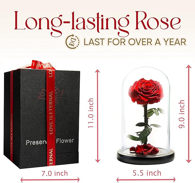 Forever Preserved Rose - Eternal Rose in Glass Dome - Beauty and The Beast Rose for Mom - Fresh Flowers in Glass (Red, 9 Inch)
