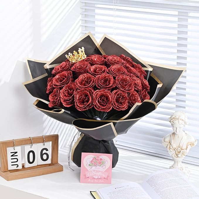 Waipfaru 24 Pcs Glitter Roses Bouquet, DIY Fake Flowers Bouquet, Artificial Red Rose Bouquet for Valentines, Anniversary, Engagement, Wedding