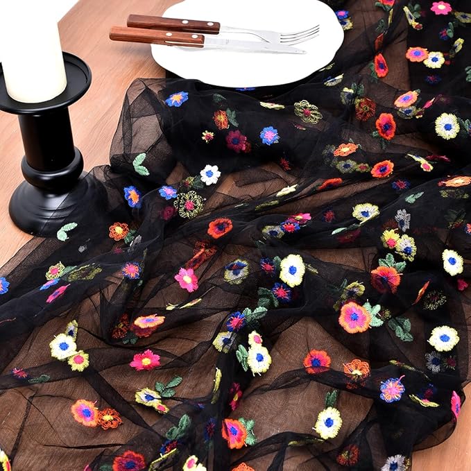 Joanlody 3pcs Black Embroidery Daisy Christmas Table Runner 10ft Florals Seasonal Tulle Table Runner Holiday Kitchen Dining Table Decoration for Home Party Indoor