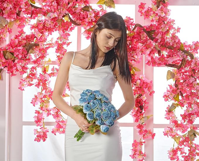 Rose Artificial Flower 28pcs Realistic Faux Silk Roses Fake Flowers Bouquets Arrangements Decor for Wedding Spring Mother's Day, Home Table Decorations, Blue Flower
