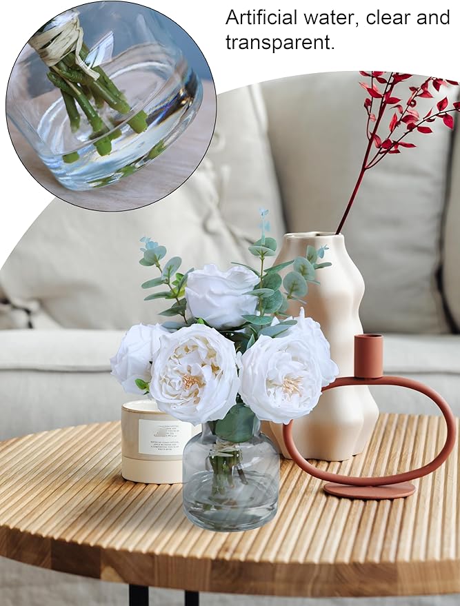 Forlaoers Modern White Roses Floral Silk Flower Arrangements Fake Flower Bouquet Artificial Flowers with Vase in Fake Water Centerpieces for Center Dining Table Decor Home Bathroom Office Decorations