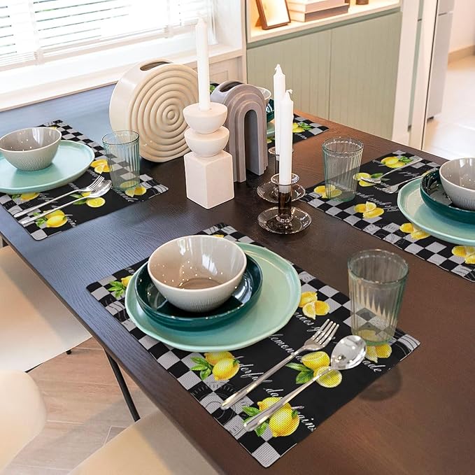 Lemon Kitchen Table Placemats Set of 4 Vintage Black White Checkered Summer Fruit Print Placemat Indoor Outdoor Party Home Desktop Dining Room Decor 12x18 Inch