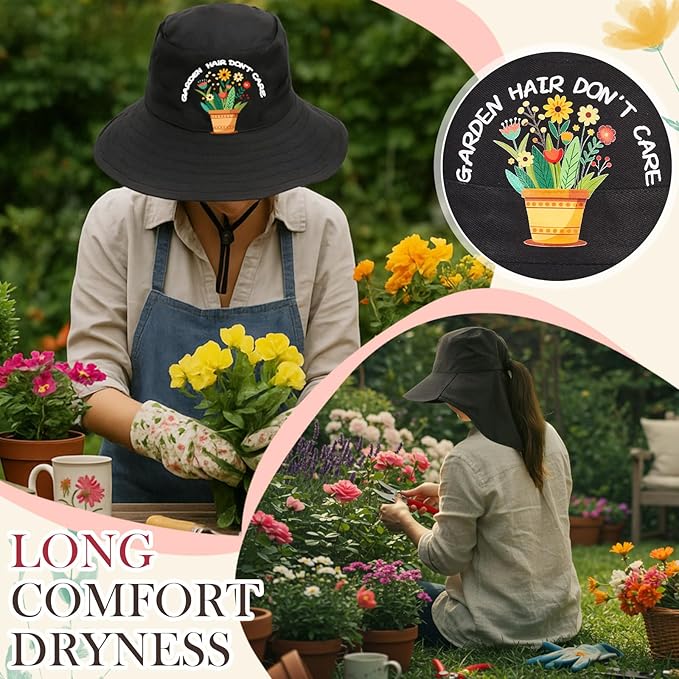 Garden Hats for Women Gardener Gifts Sun Protection Wide Brim Embroidered Hat with Neck Flap for Christmas Birthday