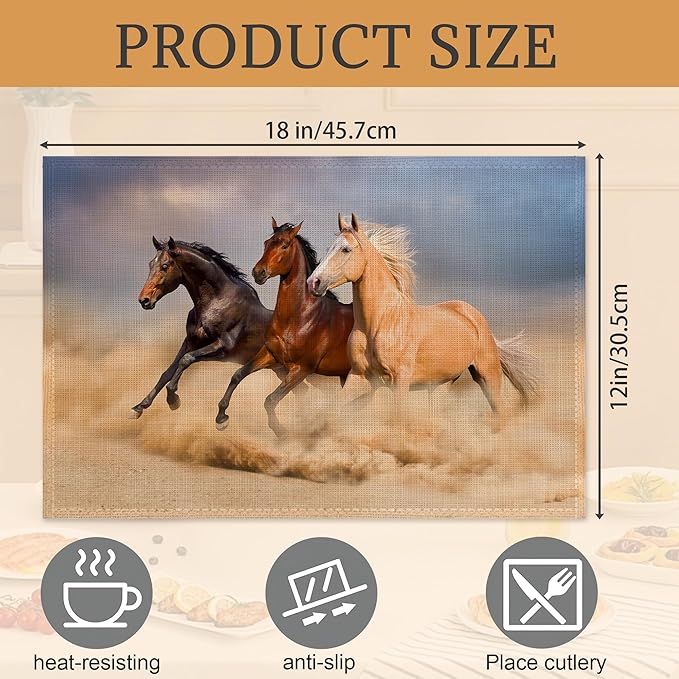 Running Horse Placemats Set of 6,Washable Heat Resistant 12×18 Inch Linen Table Mats Desert Place Mats for Party Outdoor Dining Décor