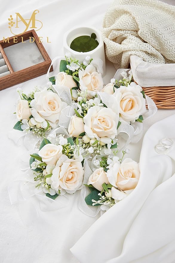Meldel Champagne Wrist Corsage for Bride Bridesmaid Wedding,Set of 6, Romantic Artificial Rose Pearls Wristband Wrist Flower for Bridal Shower Ceremony Prom Party, Mother and Grand Mother Wrist Flower