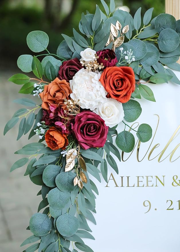 Artificial Burnt Orange Wedding Arch Flowers Swags (Set of 2) for Welcome Signs Floral and Wedding Church Decoration Ceremony, Anniversary, etc, Burgundy Roses Flowers