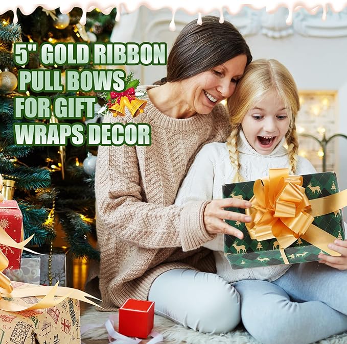 Yilloog 100 Pcs 5 Inch Christmas Pull Bows for Gift Wrapping, Gift Wrapping Pull Bows with Ribbon for Christmas Presents Wedding Decor Basket Bag Holiday Decor(Gold)