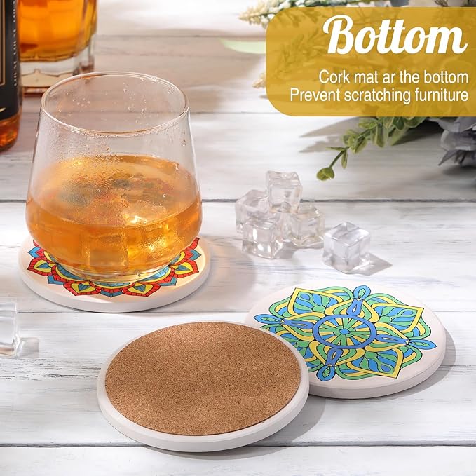 10 Pcs Ceramic Coasters for Drinks Color Your Own Coaster Set DIY Absorbent Cup Mat with 12 Markers and Cork Base Gift Arts and Crafts for Coffee Table Apartment Bar Home Decoration (Mandala)