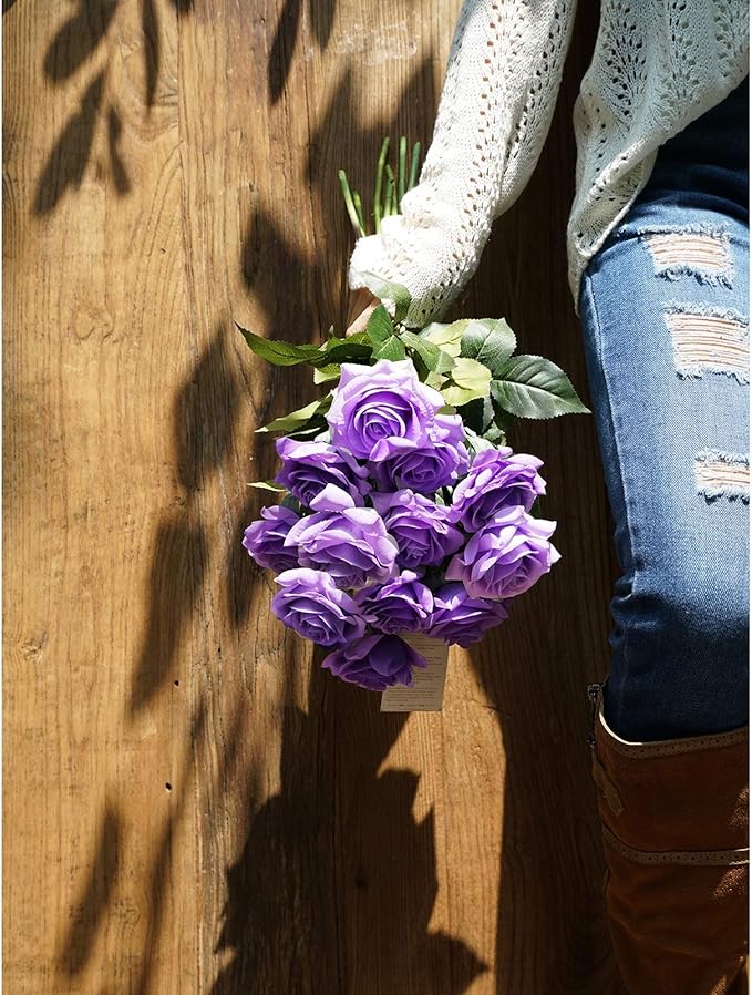 FiveSeasonStuff 12 Stems Artificial Flowers Real Touch Silk Roses for Wedding Decoration Bridal Bouquets Table Centerpieces Party Shower, Packed in Box (Eternal Purple)