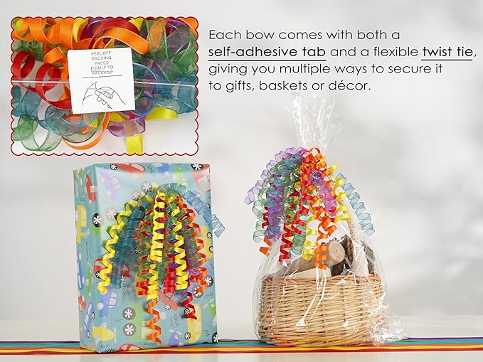 HUIHUANG Birthday Bows for Gift Wrapping 7" Rainbow Curly Gift Bows with Self Adhesive & Twist Tie Ribbon Bow for Presents Gift Basket Birthday Pride Month Party Favors - 6 Counts