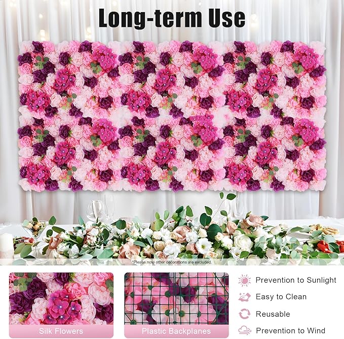 Flower Wall Panel Floral Backdrop,6pcs Champagne Flower Wall Decor,Silk Rose Wall, Artificial Flower Backdrop Faux Flower Panel for Wedding (6PCS Pink, Purple)