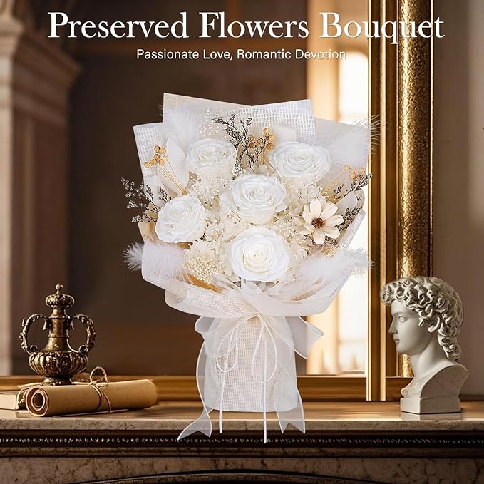 Preserved Bouquet of Flowers - 5 Roses & Flowers for Delivery, Real White Forever Flower, Eternal Roses Bouquet for Mothers, Mom, Wife Anniversary Birthday Gifts for Women