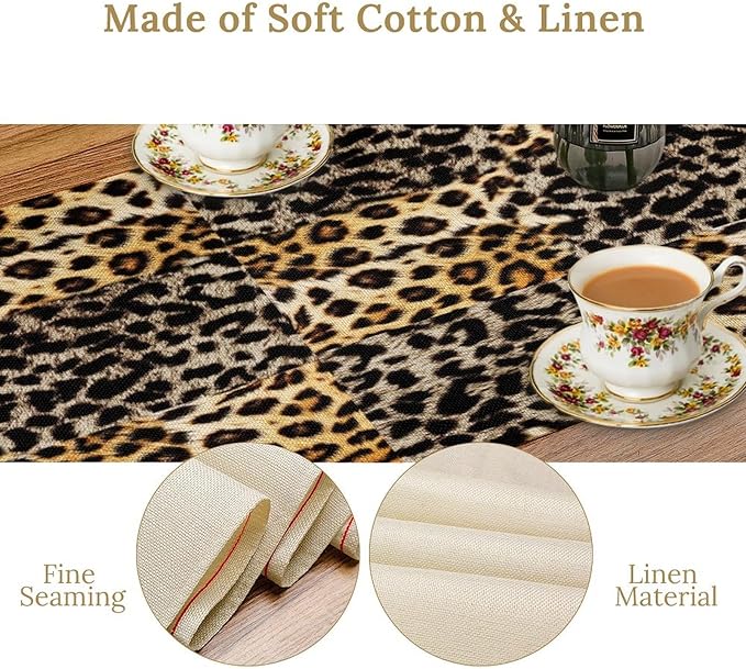 Animal Skin Print Table Runner, Vintage Leopard Farmhouse Cottage Country Western Wildlife Safari Dinner Runner for Home Kitchen Dining Table Party Holiday 13x108in
