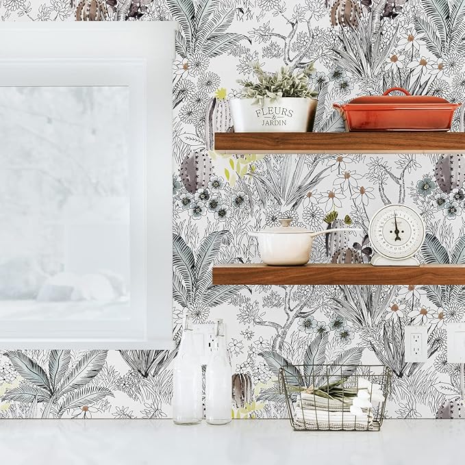 Wudnaye Gray Floral Peel and Stick Wallpaper Vintage Contact Paper 17.7 inch × 118.1 inch Self Adhesive Removable Wall Paper Stick and Peel Waterproof Botanical Wallpaper for Bathroom
