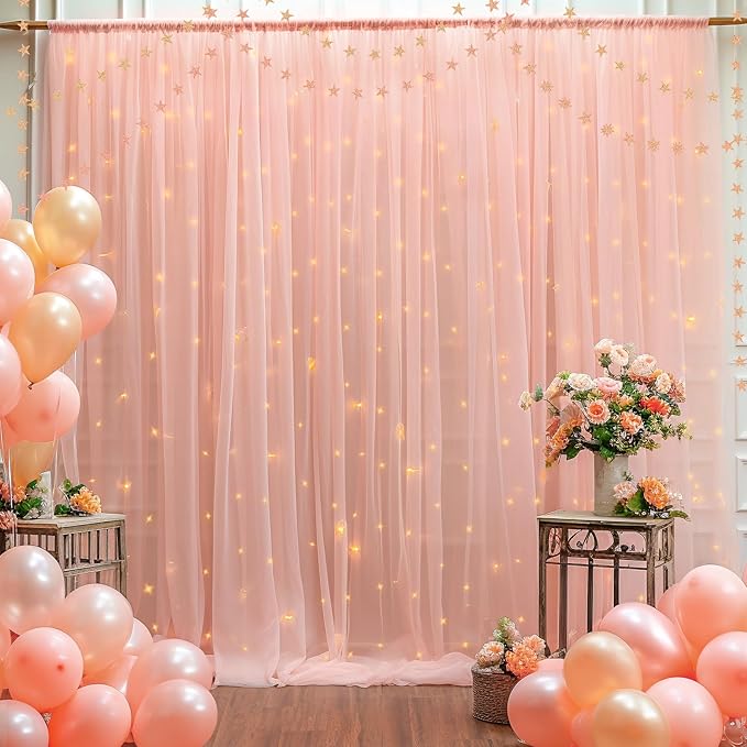 20x10ft Peach Tulle Backdrop Curtain with Lights String for Parites, Sheer Backdrop Curtains for Wedding Baby Shower Birthday Party Photo Shoot Decorations