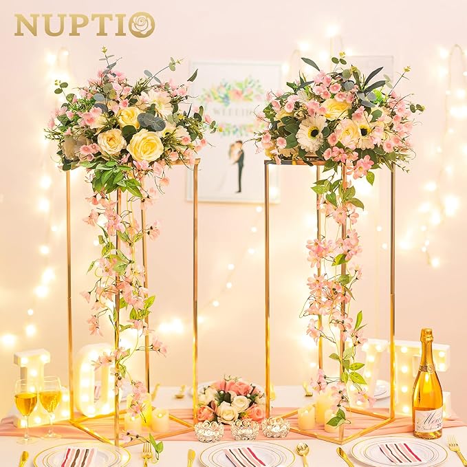 Nuptio Gold Vases for Centerpieces Wedding - 2 Pcs 31.5 inch Tall Metal Flower Vase Flowers Stand for Party Tables Decorations - Elegant Bulk Weddings Decoration Table Geometric Centerpiece Stand