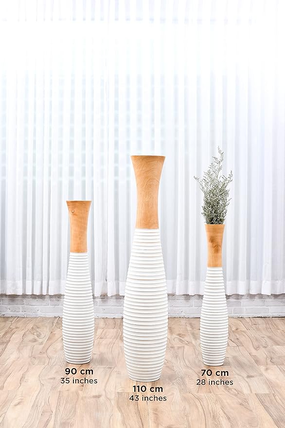 Leewadee Large Ecru Home Decor Floor Vase - Wooden 26 inch Tall Farmhouse Decor Flower Holder for Fake Plant and Pampas Grass