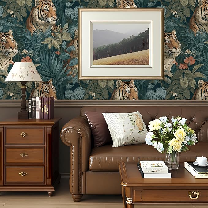 Jungle Peel and Stick Floral Bird Contact Paper Fierce Tiger Removable Botanical Leaf Wallpaper 17.7" x 118.11" Wall Paper Watercolor Self Adhesive for Classroom Bedroom Laundry Room Bathroom