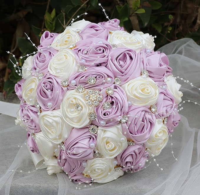 Bridal Wedding Bouquet Round Bling Brooch Bouquet Throw Toss Artificial Rose Flower Bunch for Bride Bridesmaid Wedding Quinceanera(Light Taro Purple & Ivory, 9.8")