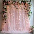 Tulle Curtain Backdrop with 300 LED Fairy Lights for Parites Wrinkle-Free Sheer Curtain Drapes Photo Back Drop for Wedding Baby Shower Bridal Shower Birthday Dance Home Décor - 10ft×10ft, Pink