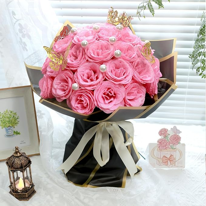 Glitter Roses Bouquet, Shiny Artificial Roses Flowers with Stems DIY Fake Glitter Flowers Bouquet for Valentine's Day, Mother's Day, Anniversary, Graduation, Birthday, Wedding, 36 Roses (Pink)