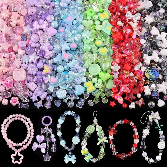 Assorted Acrylic Beads, 400-450PCS 6 Mixed Colors Cute Beads for Bracelet Making, GummyBear Bow Flower Kawaii Charms for Jewelry Making DIY Necklace Keychain Phone Charm Christmas Gift