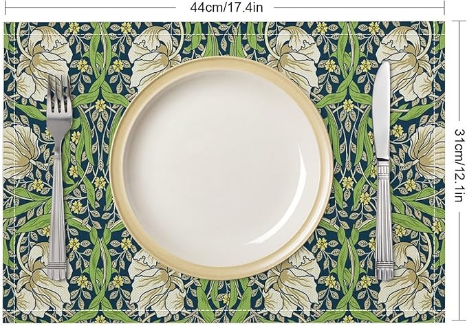William Morris Placemats Farmhouse Sage Vintage Floral Art Printed Dining Table Mats Set of 4 for Home Kitchen Holiday Picnic Party Decoration 12x18in
