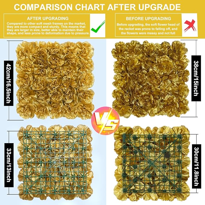 Flower Wall Backdrop12 pcs 16.5x16.5 Inch Floral Wall Panel Artificial Silk Rose Wall Decor Ideal for Wedding Celebrations, Festive Party Backdrops, and Home Decor-Gold