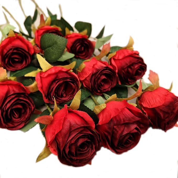 Artificial Roses 10 Pcs - Lifelike Single Stem Fake Roses with Natural Petal Texture,Fade-Resistant Silk Flowers for Wedding Decor,Home Vase Arrangements,Party Centerpieces(10, Red)