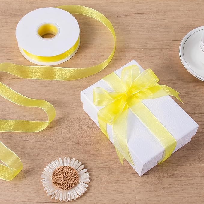 Sheer Organza Ribbon 1 Inch Chiffon Ribbons for Gift Wrapping, Flower Bouquet, 50 Yards/Roll (Yellow)