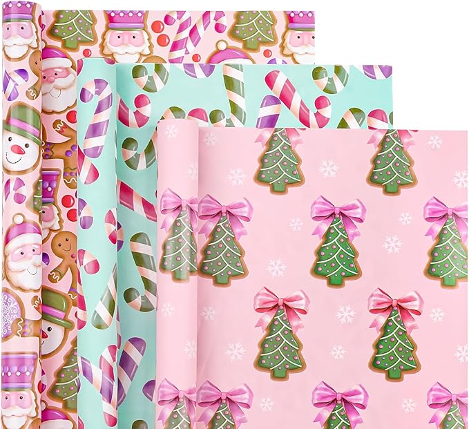 WRAPAHOLIC Christmas Wrapping Paper Roll - Mini Roll - 3 Rolls - 17 Inch x 120 Inch Per Roll - Pink & Blue Gingerbread Wrapping Paper Holiday Collection for Xmas Holiday, Party Celebration