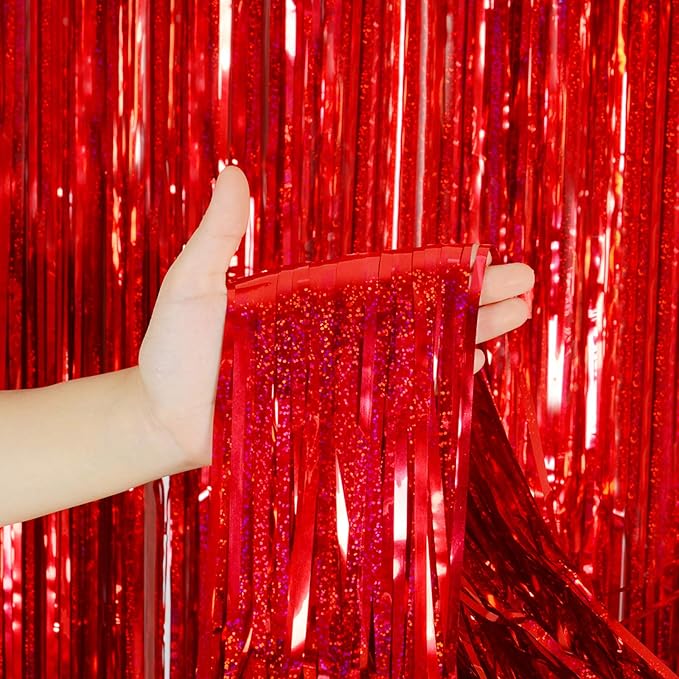 Foil Fringe Curtains Christmas Decorations Red Streamers Party Decorations - Melsan 3 Pack 3.2 x 8.2 ft red Fringe Backdrop Party Photo Backdrop for Back to School Birthday Party Baby Shower