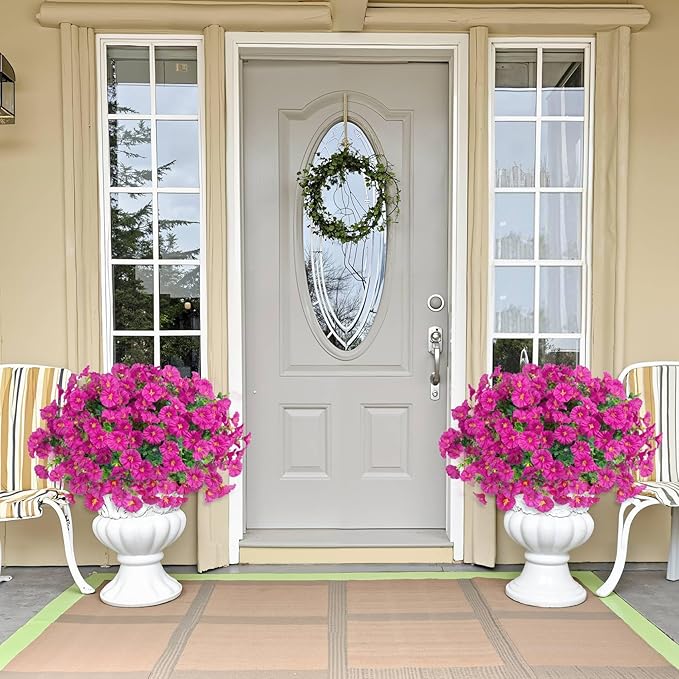 Ouddy Decor 24 Bundles Artificial Flowers for Outdoors Decoration Fake Silk Morning Glory Flowers Faux Eucalyptus Plants UV Resistant for Porch Patio Garden Spring Summer Home Decor, Fuchsia