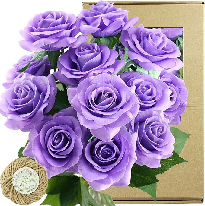 FiveSeasonStuff 12 Stems Artificial Flowers Real Touch Silk Roses for Wedding Decoration Bridal Bouquets Table Centerpieces Party Shower, Packed in Box (Eternal Purple)