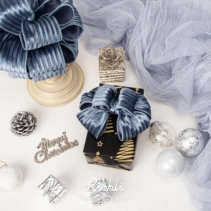 Ribbli Glossy Dusty Blue Velvet Wired Ribbon 2.5 Inch Striped Velvet Christmas Ribbon for Gift Wrapping Christmas Tree Decoration Crafts Wreaths Supplies-Continuous 10 Yards