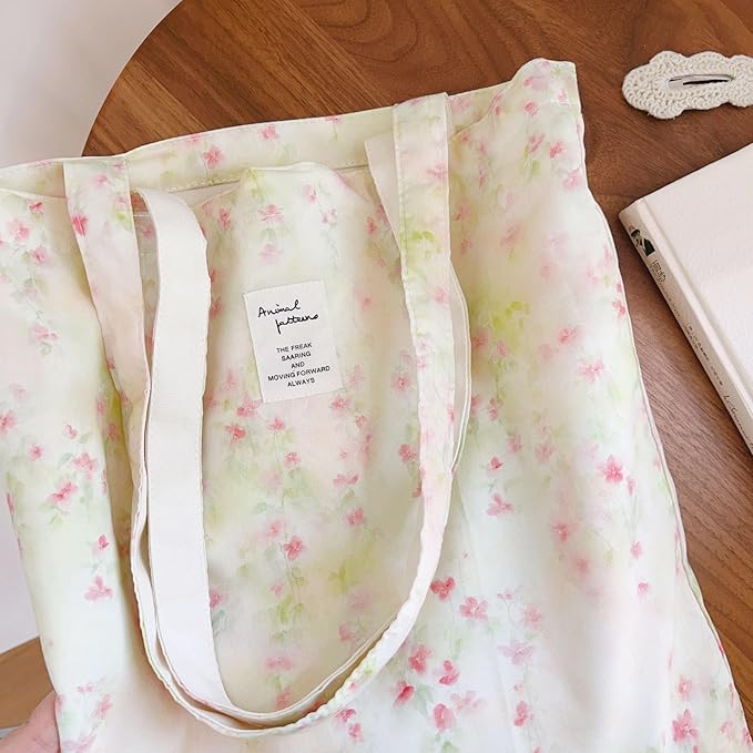 Cotton Canvas Tote Bag Reusable Soft Grocery Cloth Bag Floral Shoulder Bag for Beach Travel Shopping