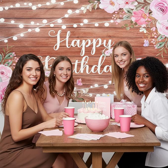 Happy Birthday Backdrop Banner Decorations Pink Floral Birthday Banner for Women Girls Glitter Lights Rustic Wood Birthdays Background for Backdrop Party Decorations 70.87x43.3in